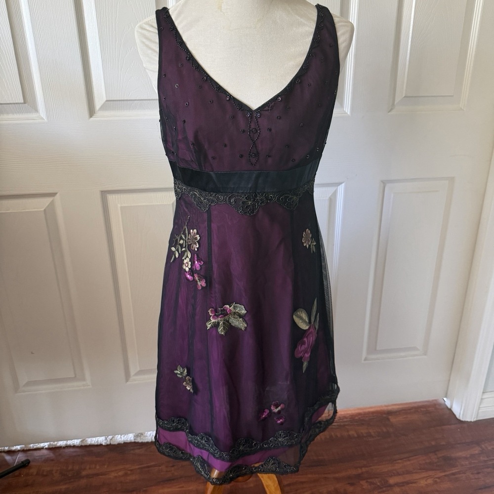 Adrianna Papell Dress 10P Purple Black Floral Embroidered Beaded Mesh Whimsigoth